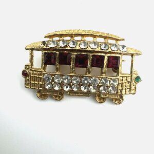 VTG San Francisco Cable Car Trolley Brooch/Pin Red Rhinestone Gold Tone Lapel